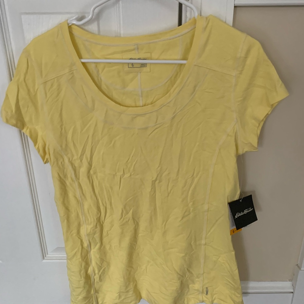 NWT Eddie Bauer travel and trek yellow short sleeve shirt size large